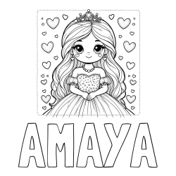 Online izdelana pobarvanka - Pobarvanka imena AMAYA in pobarvanka ljubke princese obdane s srčki