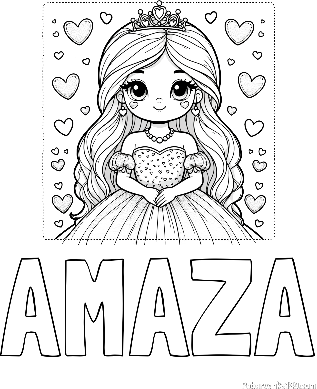 Pobarvanka imena AMAZA in pobarvanka ljubke princese obdane s srčki