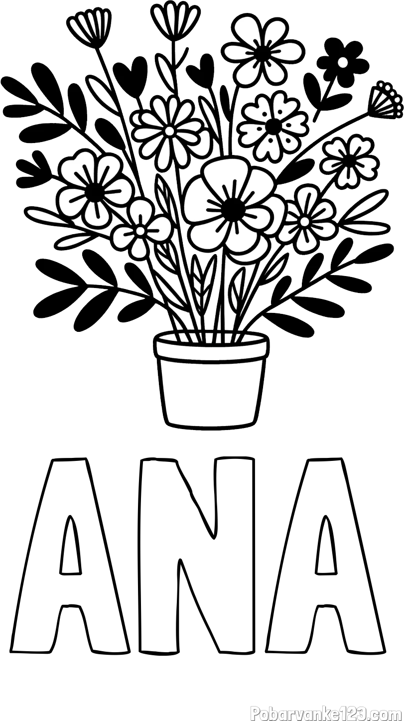 Pobarvanka imena ANA in pobarvanka rož v cvetličnem loncu