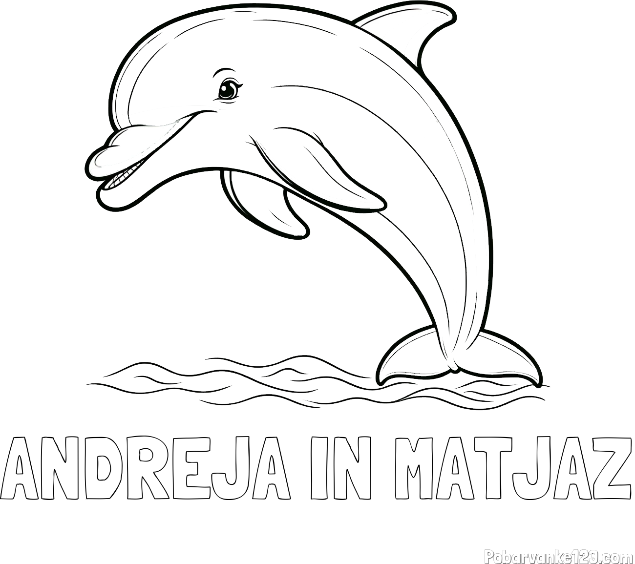 Pobarvanka imena ANDREJA IN MATJAŽ in otroška pobarvanka nasmejanega delfina v skoku