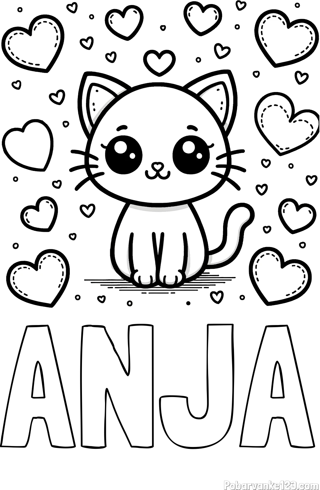 Pobarvanka imena ANJA in pobarvanka ljubke mucke obdane z veliko srčki