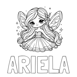 Online izdelana pobarvanka - Pobarvanka imena ARIELA in pobarvanka ljubke in nasmejane čarobne vile