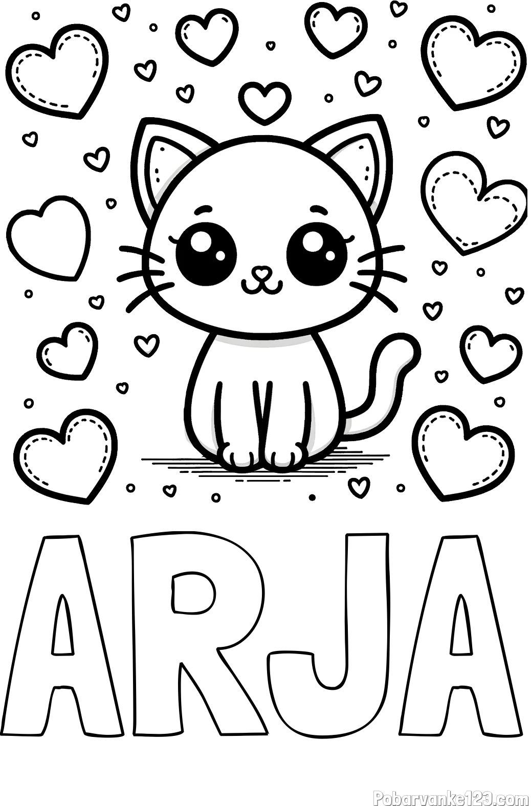 Pobarvanka imena ARJA in pobarvanka ljubke mucke obdane z veliko srčki