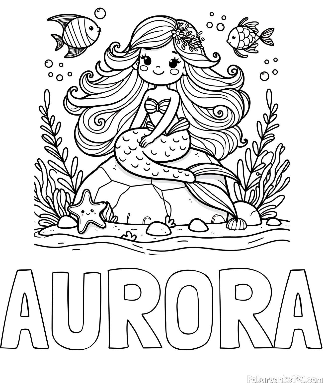 Pobarvanka imena AURORA in pobarvanka prikupne male morske deklice