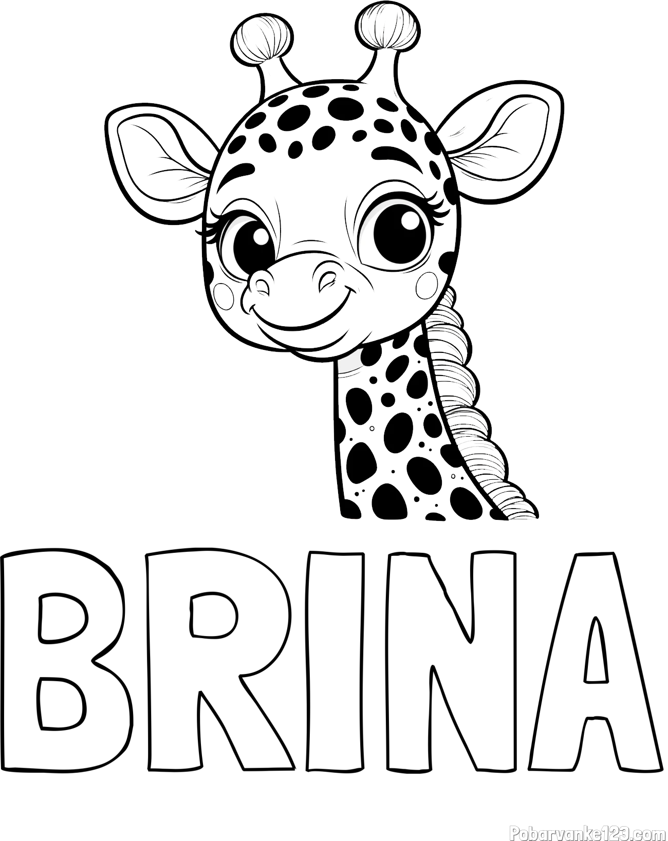 Pobarvanka imena BRINA in pobarvanka ljubke žirafe z velikimi očmi