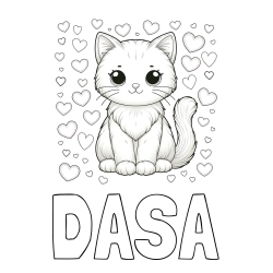 Online izdelana pobarvanka - Pobarvanka imena DAŠA in pobarvanka ljubke mucke obdane s srčki