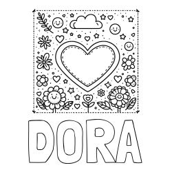Online izdelana pobarvanka - Pobarvanka imena DORA in pobarvanka srčka ter rožic