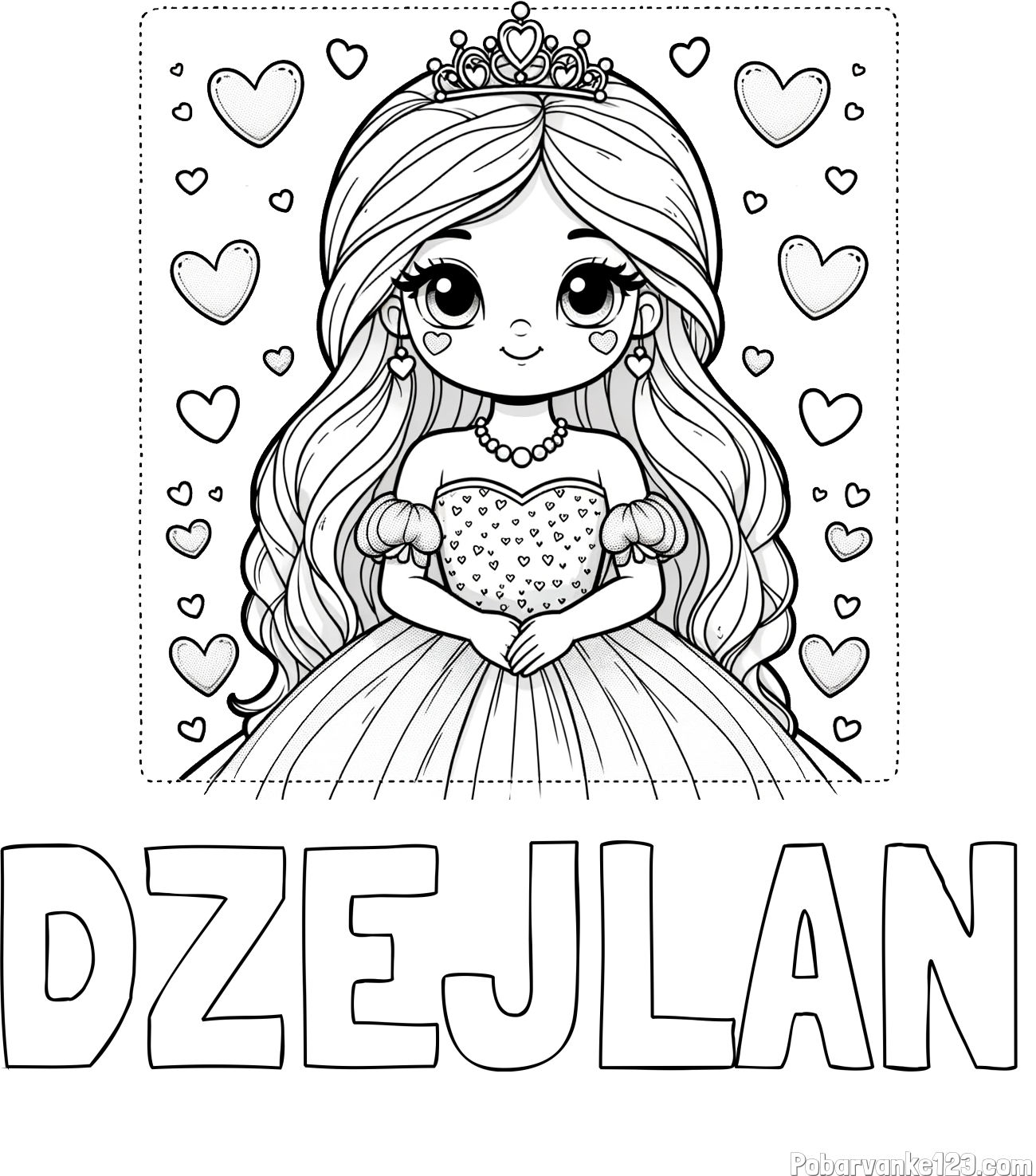 Pobarvanka imena DŽEJLAN in pobarvanka ljubke princese obdane s srčki