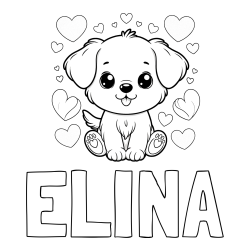 Online izdelana pobarvanka - Pobarvanka imena ELINA in pobarvanka ljubkega kužka obdanega s srčki