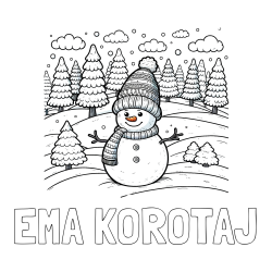 Online izdelana pobarvanka - Pobarvanka imena EMA KOROTAJ in pobarvanka snežaka v naravi obdanega z zasneženimi smrekami