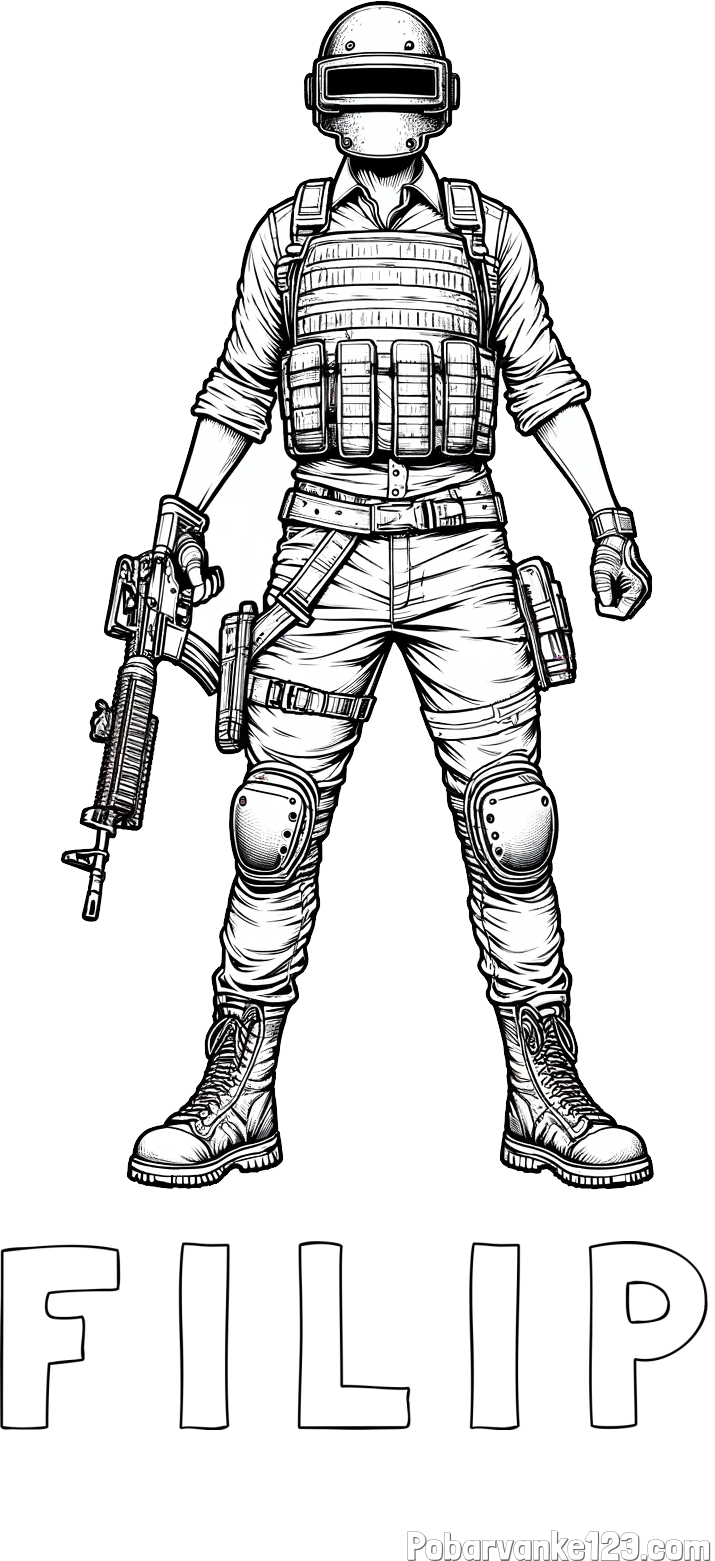 Pobarvanka imena F I L I P in PUBG pobarvanka glavnega junaka narisanega od spredaj