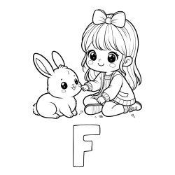 Online izdelana pobarvanka - Pobarvanka imena F in pobarvanka ljubke punčke, ki se igra z zajčkom