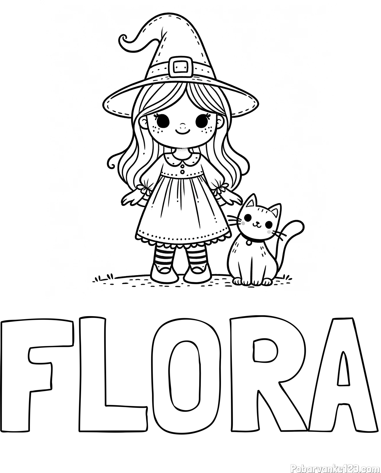 Pobarvanka imena FLORA in Čudovita pobarvanka ljubke čarovnice in nasmejane mačke