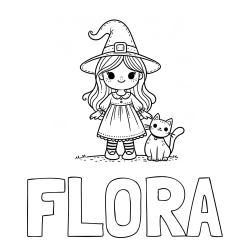 Online izdelana pobarvanka - Pobarvanka imena FLORA in Čudovita pobarvanka ljubke čarovnice in nasmejane mačke