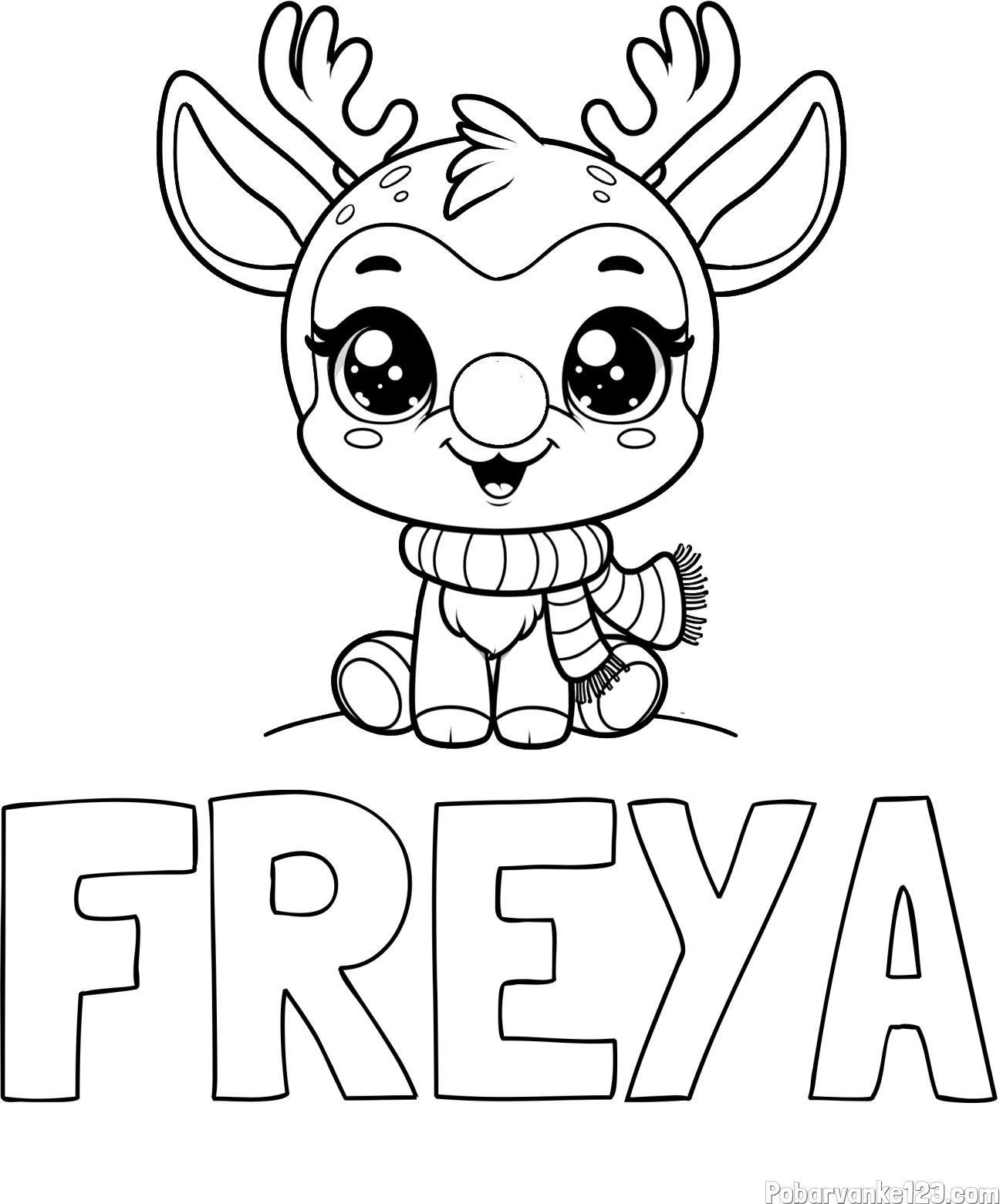 Pobarvanka imena FREYA in otroška pobarvanka jelenčka Rudolfa s šalom okoli vratu