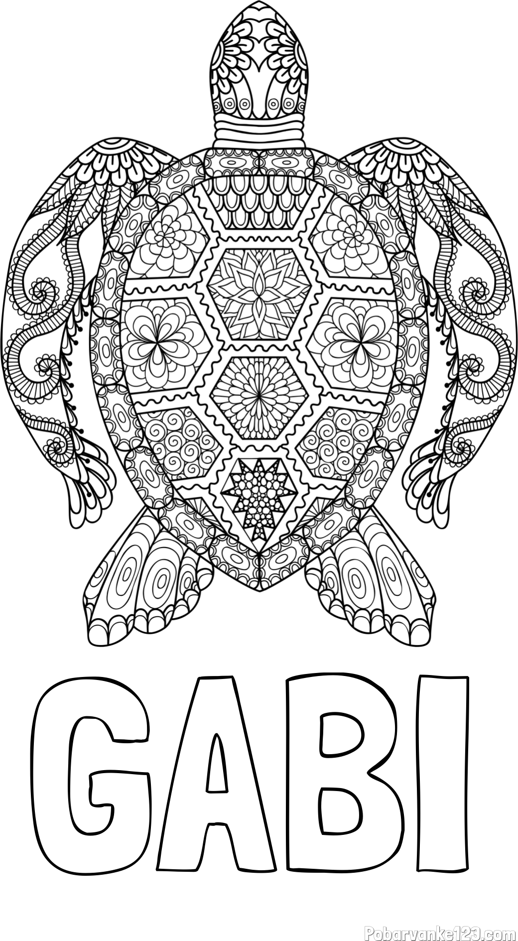 Pobarvanka imena GABI in pobarvanka želve - mandale