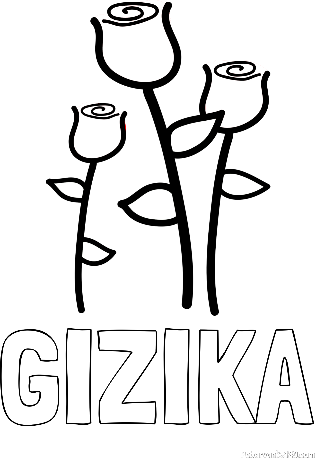 Pobarvanka imena GIZIKA in pobarvanka treh vrtnic