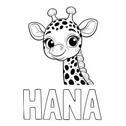 Online izdelana pobarvanka - Pobarvanka imena HANA in pobarvanka ljubke žirafe z velikimi očmi