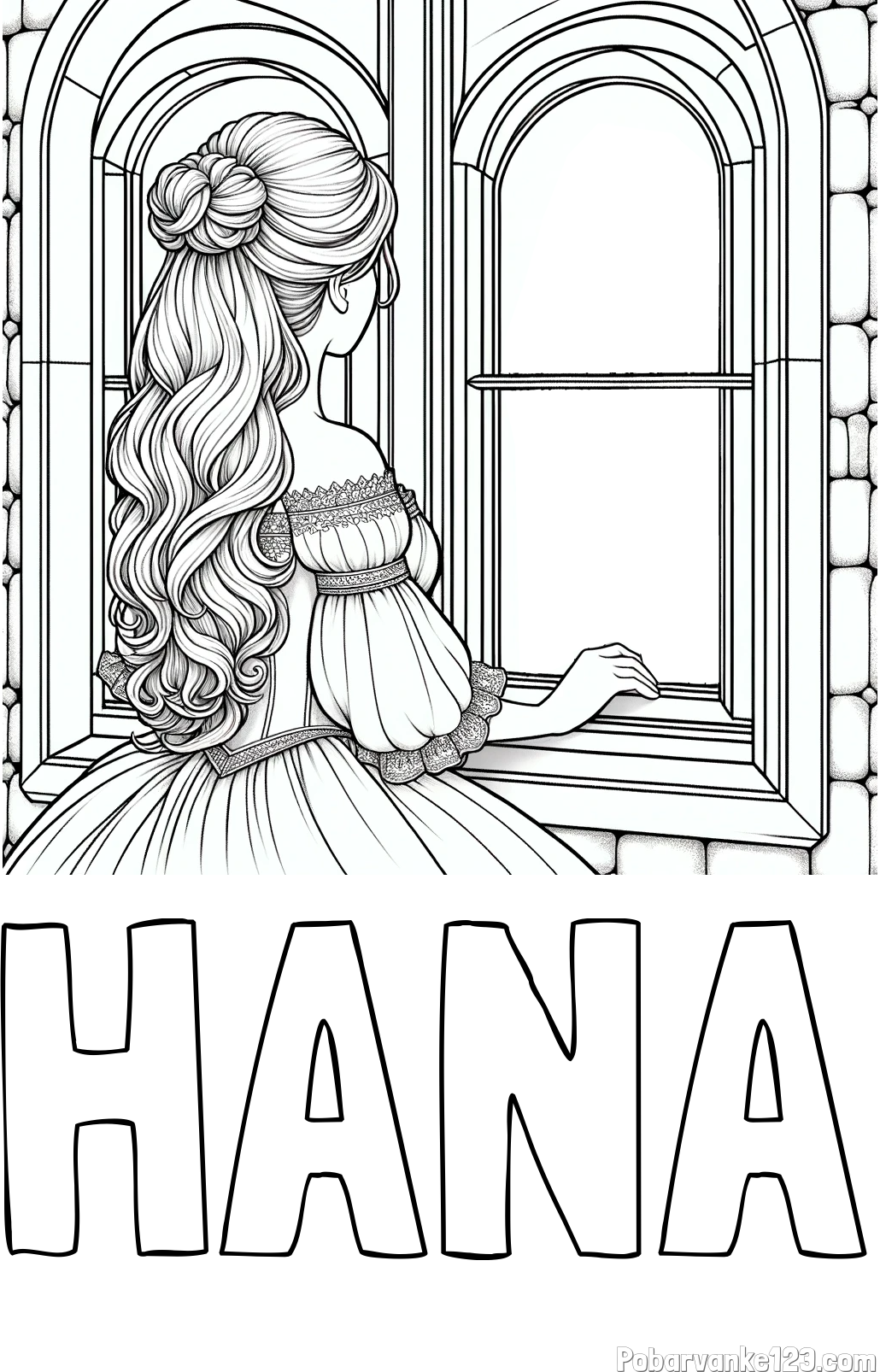 Pobarvanka imena HANA in pobarvanka princese, ki gleda skozi okno