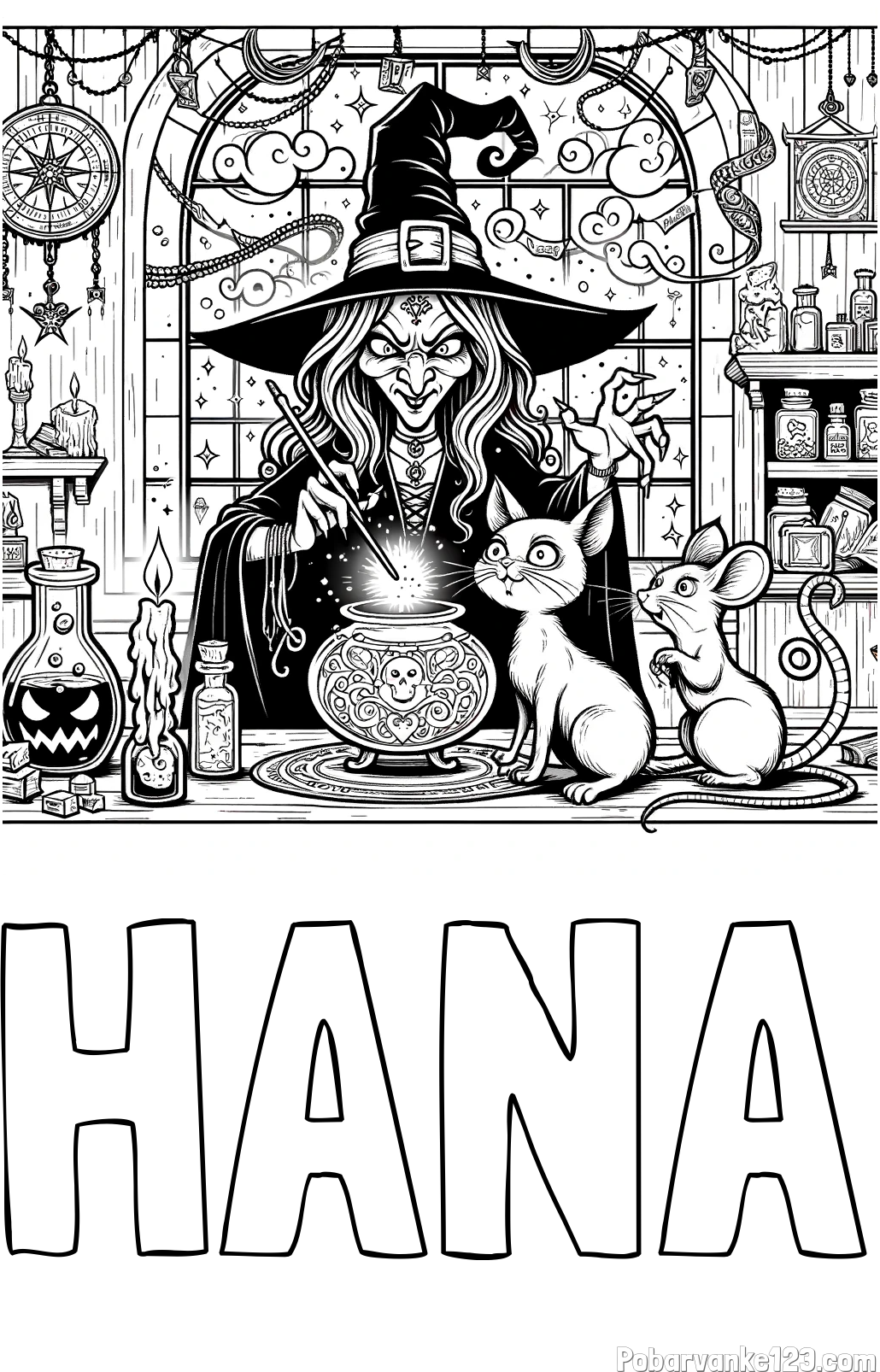 Pobarvanka imena HANA in pobarvanka zlobne čarovnice, muce in miške