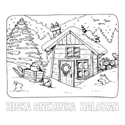 Online izdelana pobarvanka - Pobarvanka imena HIŠKA SNEŽINKA - HALOŽAN in pobarvanka zasnežene pokrajine s hiško
