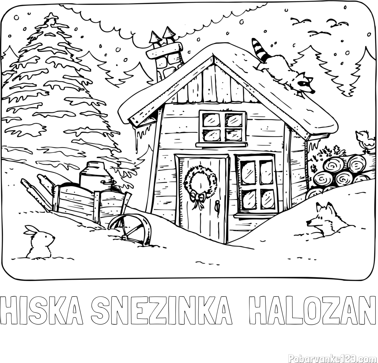 Pobarvanka imena HIŠKA SNEŽINKA - HALOŽAN in pobarvanka zasnežene pokrajine s hiško