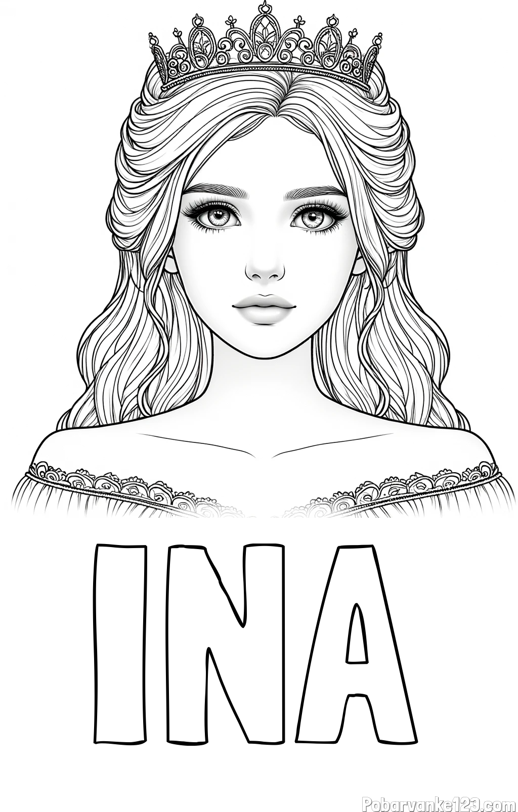 Pobarvanka imena INA in pobarvanka prikupne princeske s čudovitimi očmi