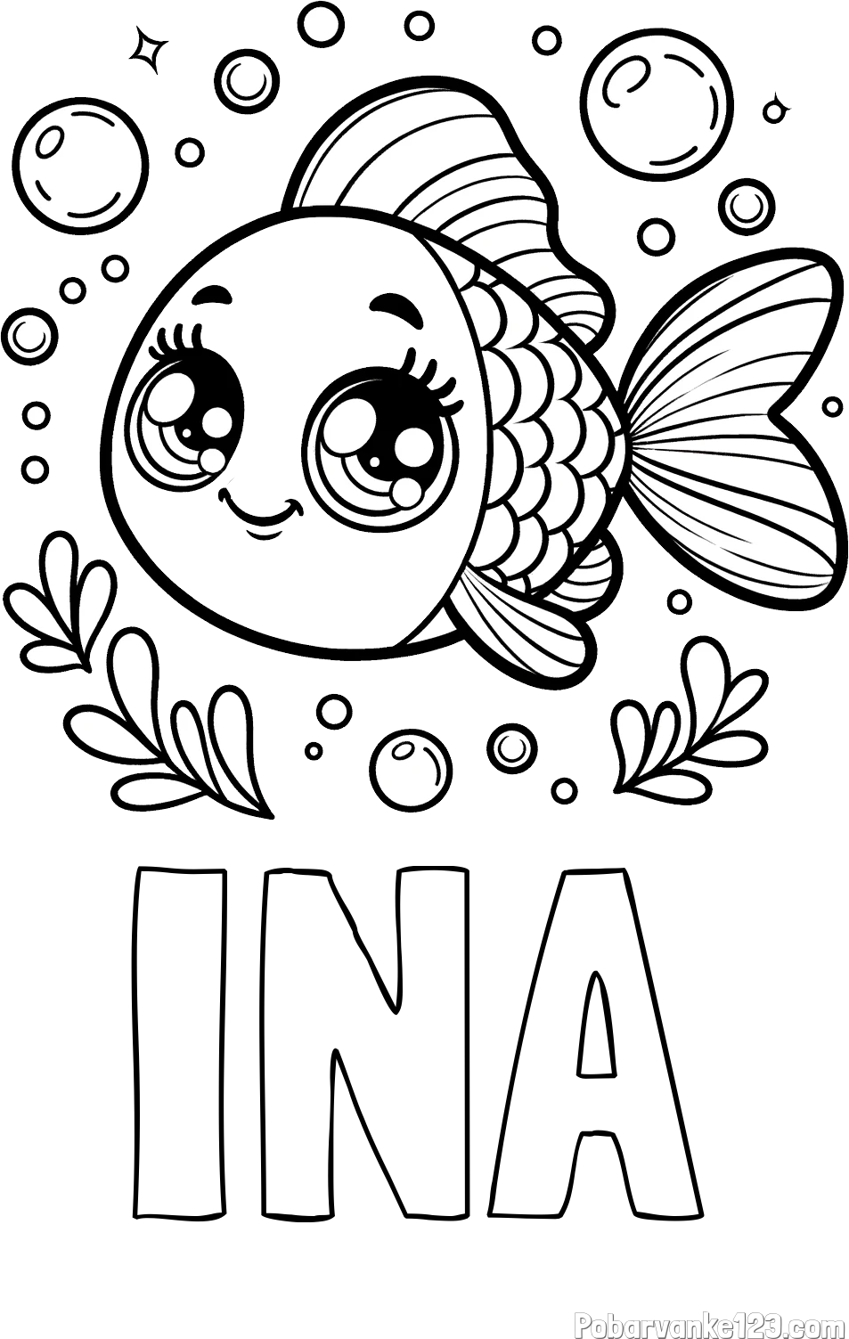 Pobarvanka imena INA in pobarvanka prisrčne ribice