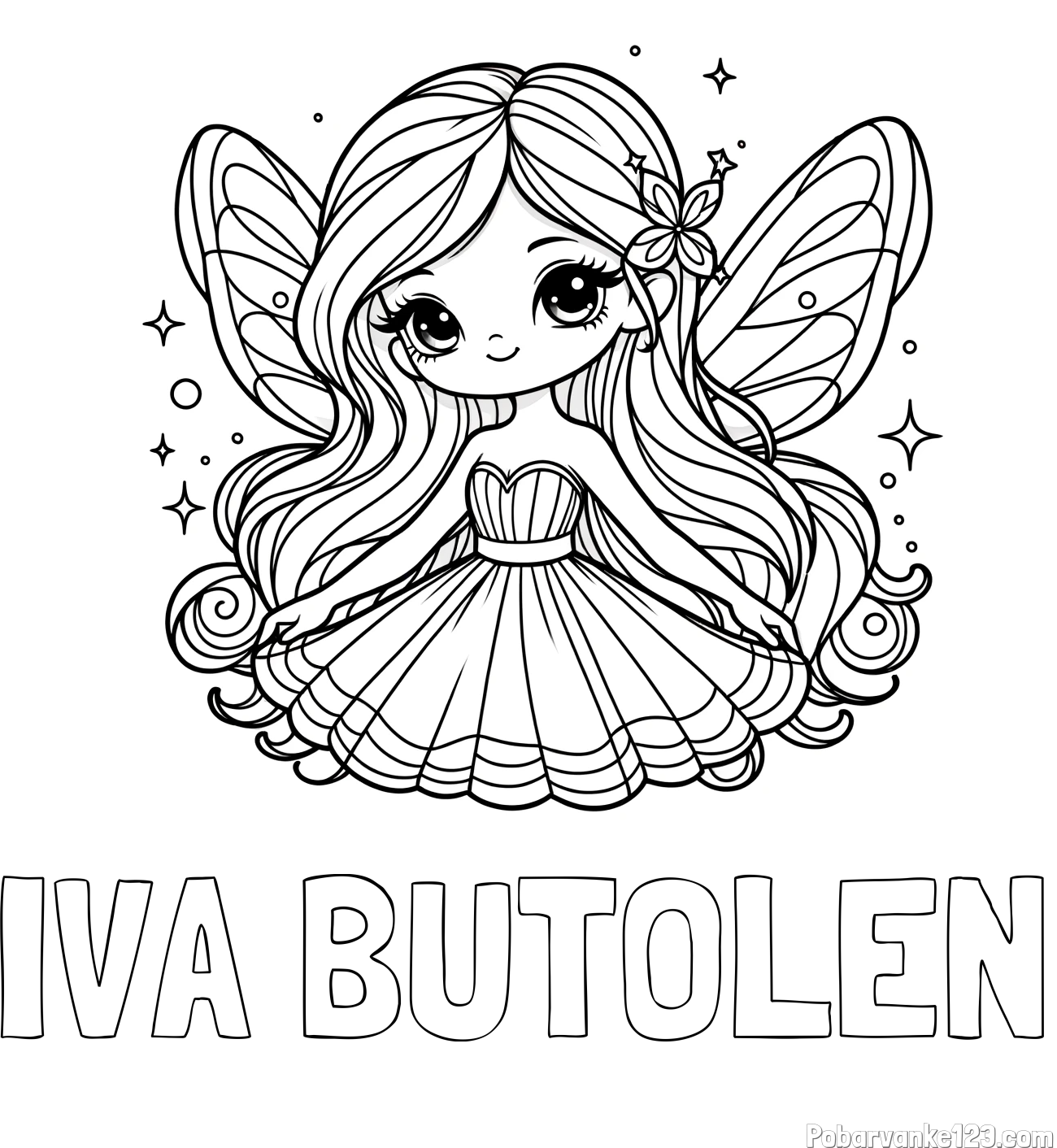 Pobarvanka imena IVA BUTOLEN in pobarvanka ljubke in nasmejane čarobne vile