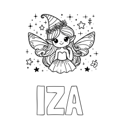 Online izdelana pobarvanka - Pobarvanka imena IZA in pobarvanka ljubke in nasmejane vile