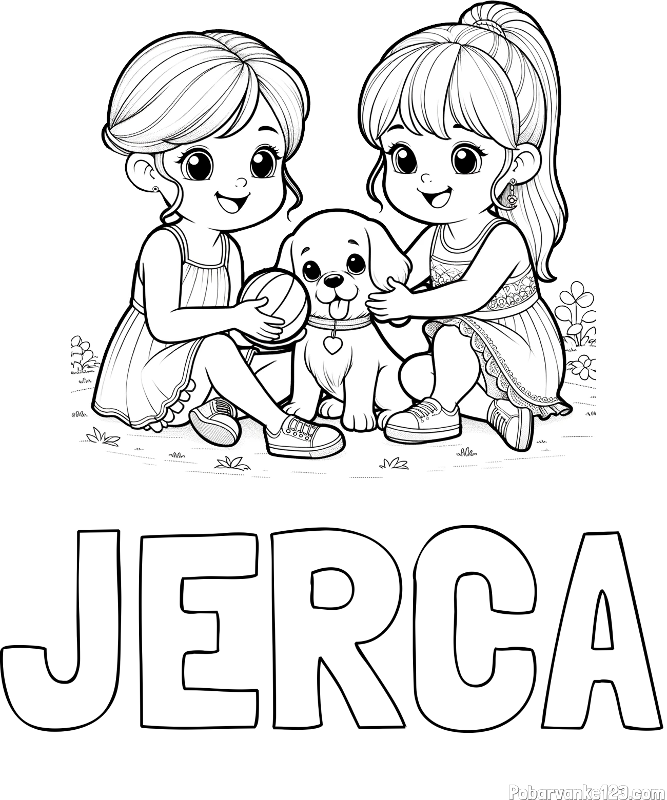 Pobarvanka imena JERCA in pobarvanka prijateljic s kužkom