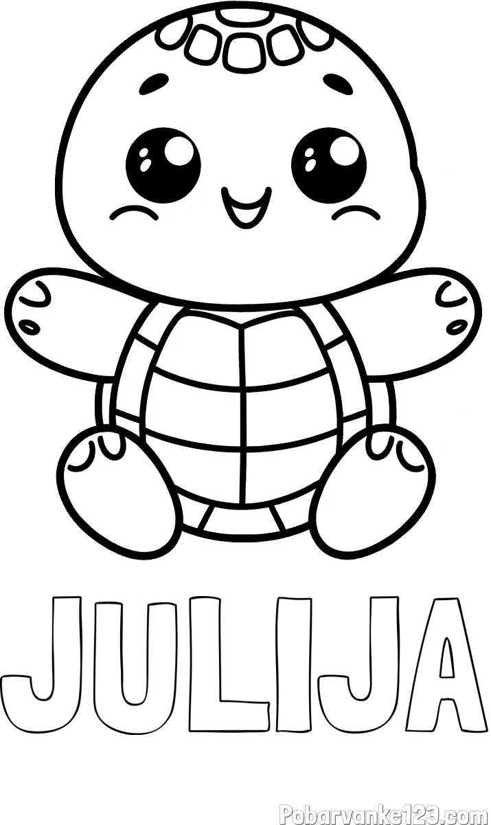Pobarvanka imena JULIJA in otroška pobarvanka ljubke in nasmejane želvice