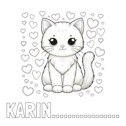 Online izdelana pobarvanka - Pobarvanka imena KARIN................. in pobarvanka ljubke mucke obdane s srčki