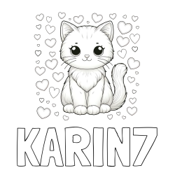 Online izdelana pobarvanka - Pobarvanka imena KARIN7 in pobarvanka ljubke mucke obdane s srčki