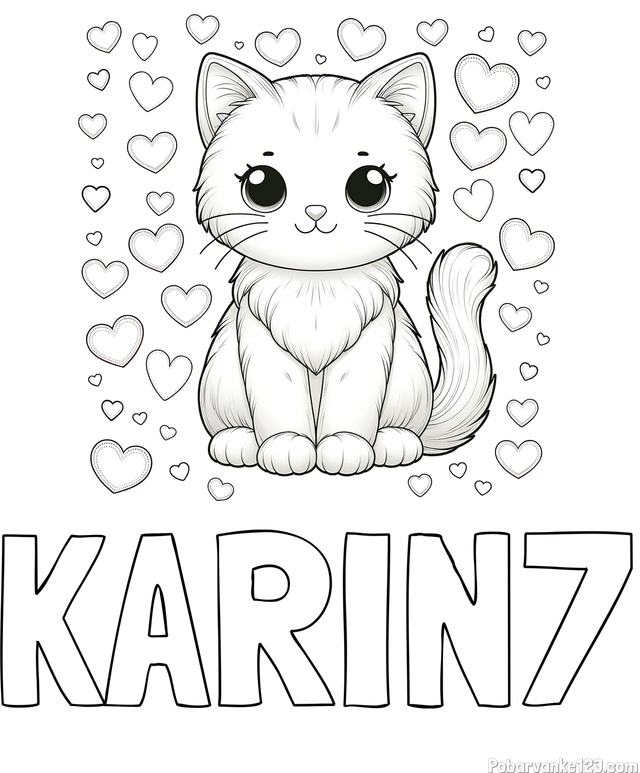 Pobarvanka imena KARIN7 in pobarvanka ljubke mucke obdane s srčki