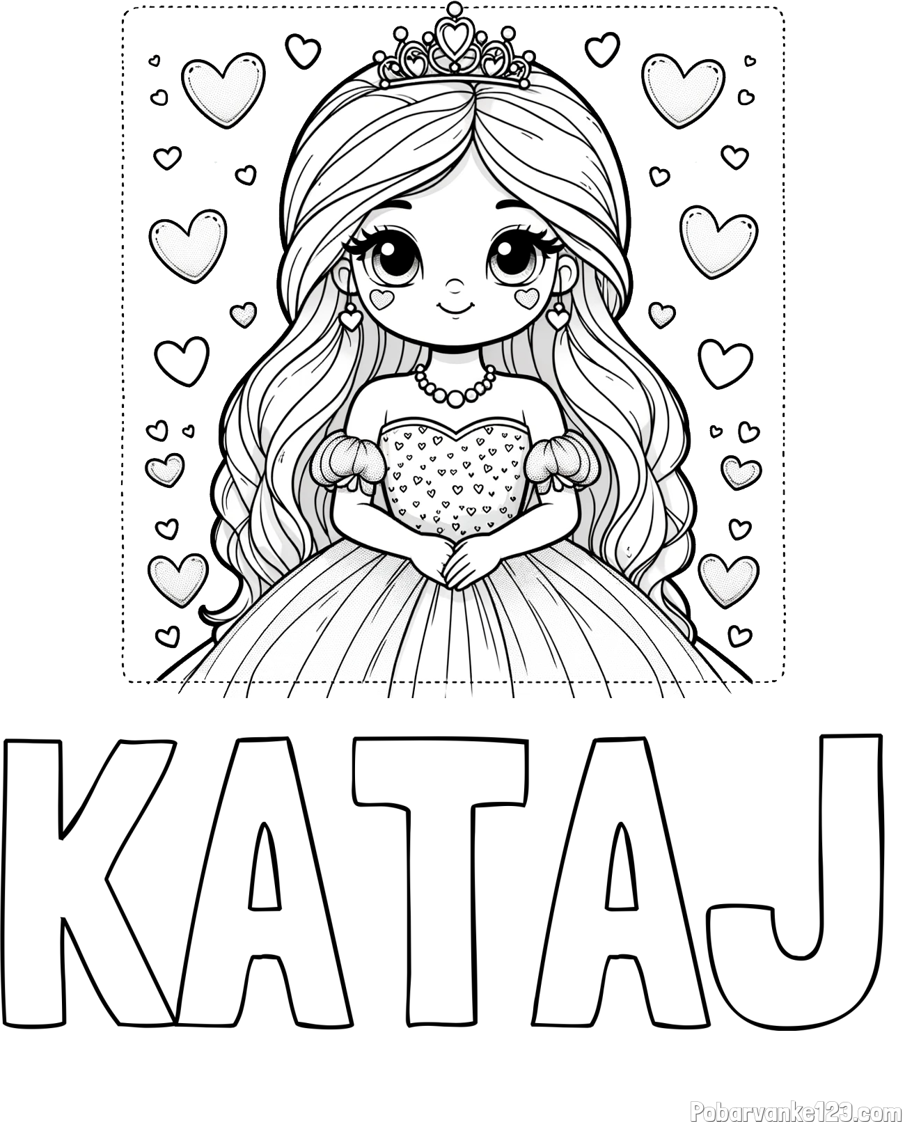 Pobarvanka imena KATAJ in pobarvanka ljubke princese obdane s srčki
