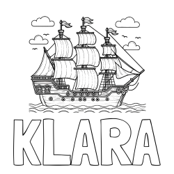 Online izdelana pobarvanka - Pobarvanka imena KLARA in pobarvanka stare gusarske ladje