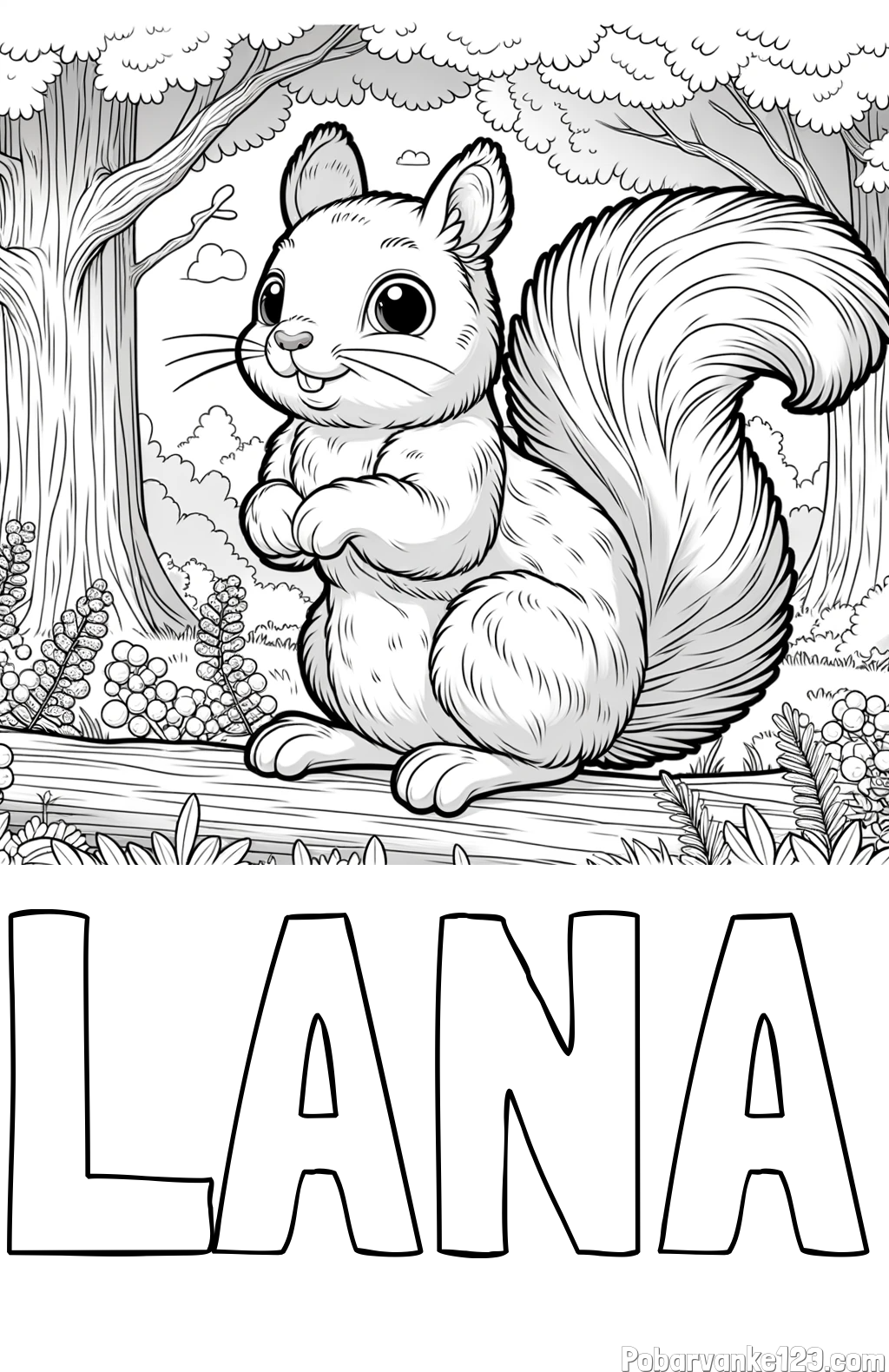 Pobarvanka imena LANA in pobarvanka veverice v gozdu