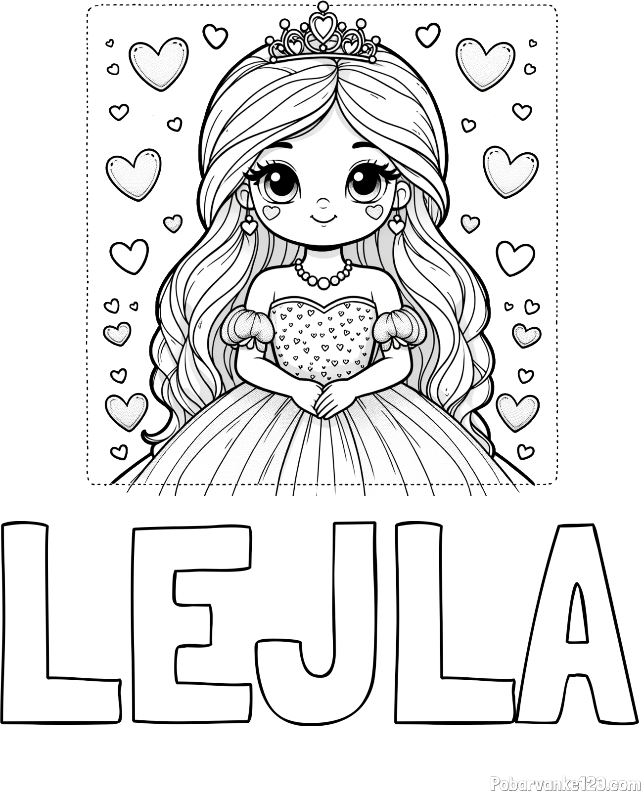 Pobarvanka imena LEJLA in pobarvanka ljubke princese obdane s srčki