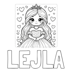 Online izdelana pobarvanka - Pobarvanka imena LEJLA in pobarvanka ljubke princese obdane s srčki