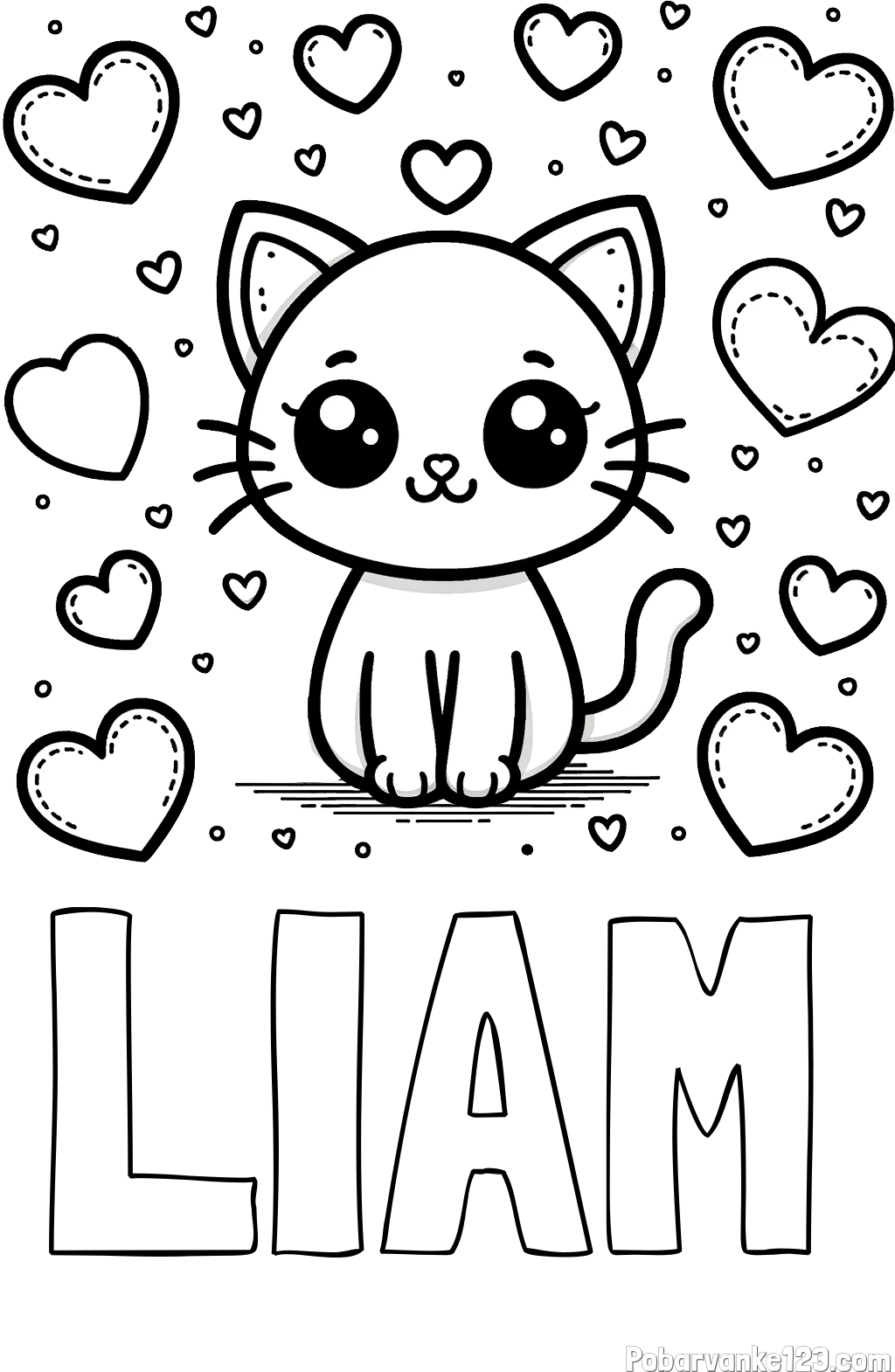 Pobarvanka imena LIAM in pobarvanka ljubke mucke obdane z veliko srčki