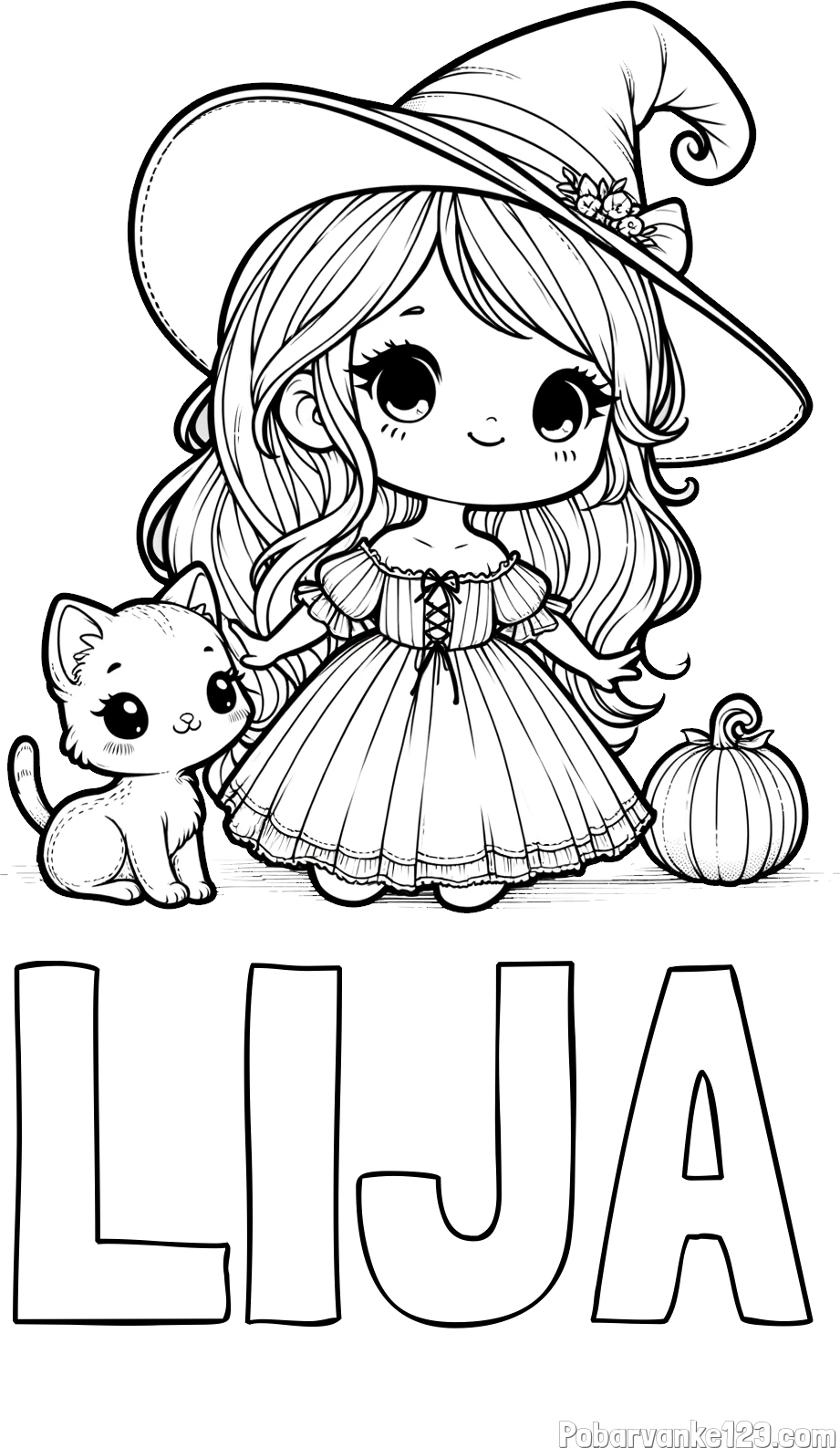 Pobarvanka imena LIJA in pobarvanka ljubke čarovnice, muce in buče