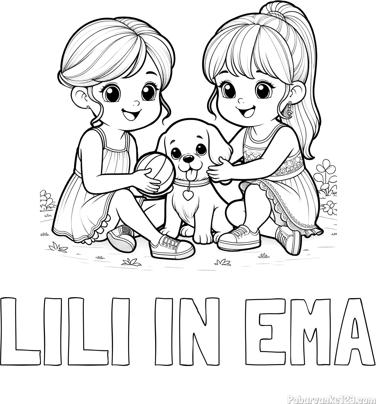 Pobarvanka imena LILI IN EMA in pobarvanka prijateljic s kužkom