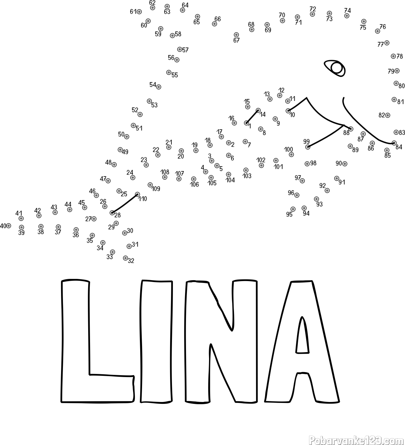 Pobarvanka imena LINA in pobarvanka delfina - poveži številke