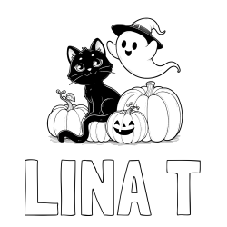 Online izdelana pobarvanka - Pobarvanka imena LINA T in pobarvanka prijaznega duhca, črne mačke ter buč za noč čarovnic