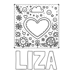 Online izdelana pobarvanka - Pobarvanka imena LIZA in pobarvanka srčka ter rožic