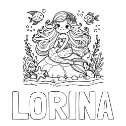 Online izdelana pobarvanka - Pobarvanka imena LORINA in pobarvanka prikupne male morske deklice