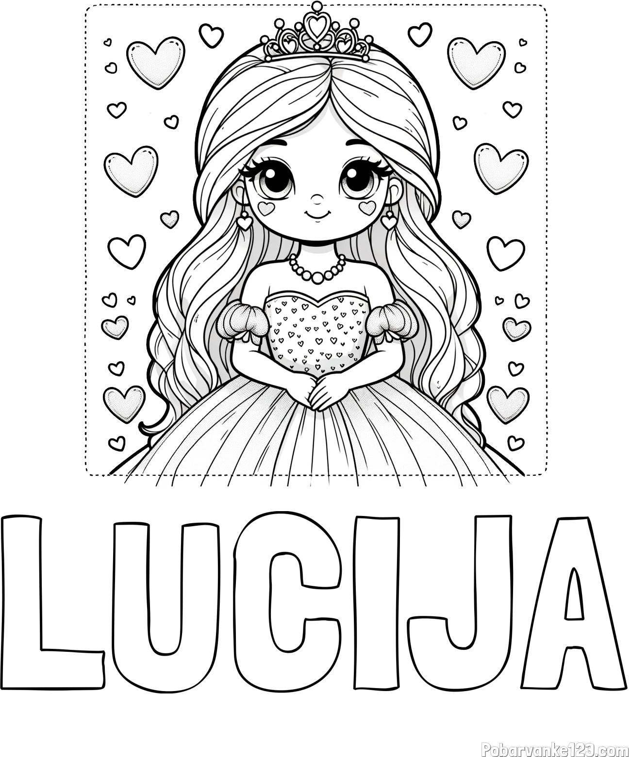 Pobarvanka imena LUCIJA in pobarvanka ljubke princese obdane s srčki