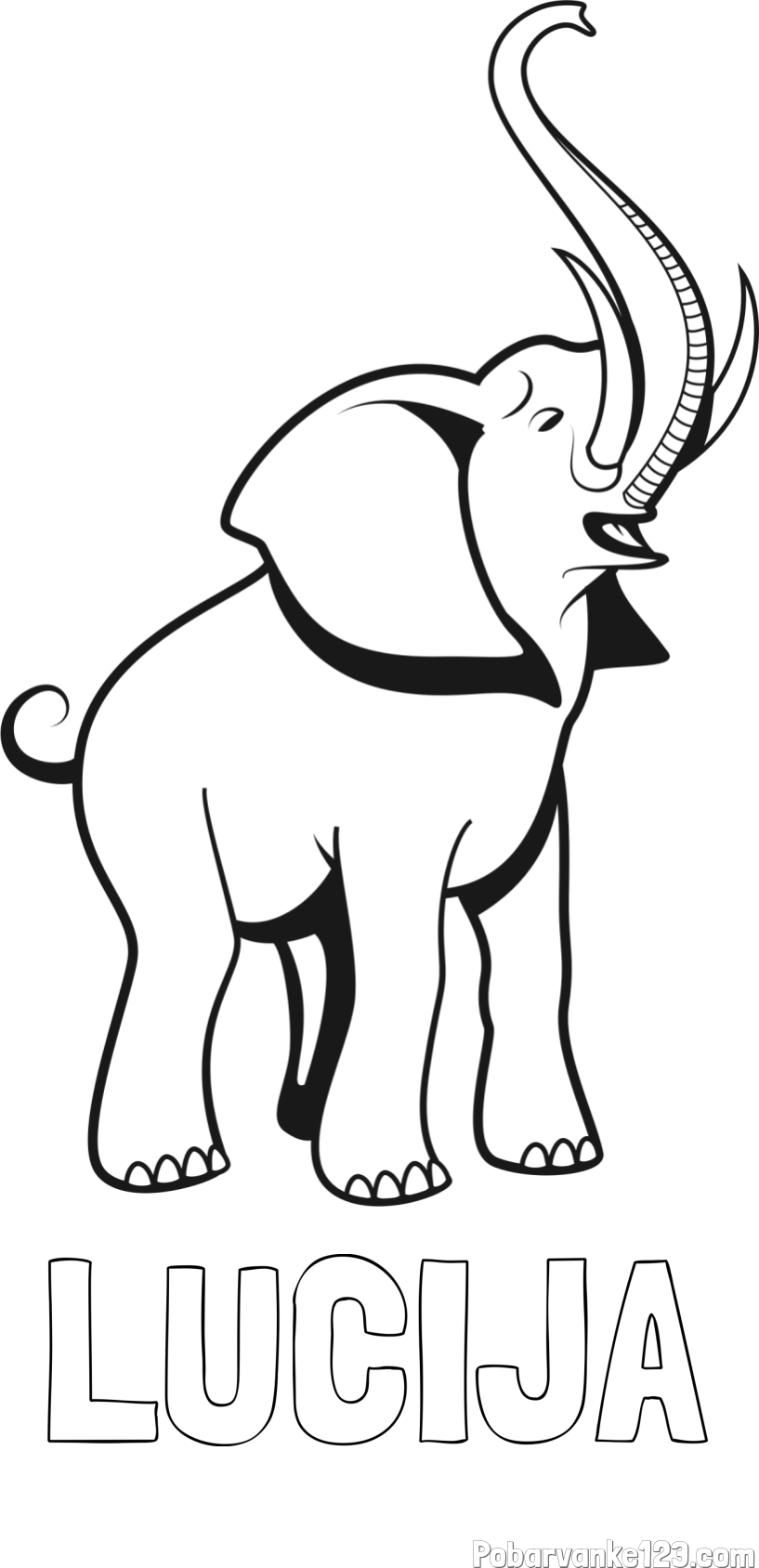 Pobarvanka imena LUCIJA in pobarvanka slončka z rilcem dvignjenim visoko v zrak