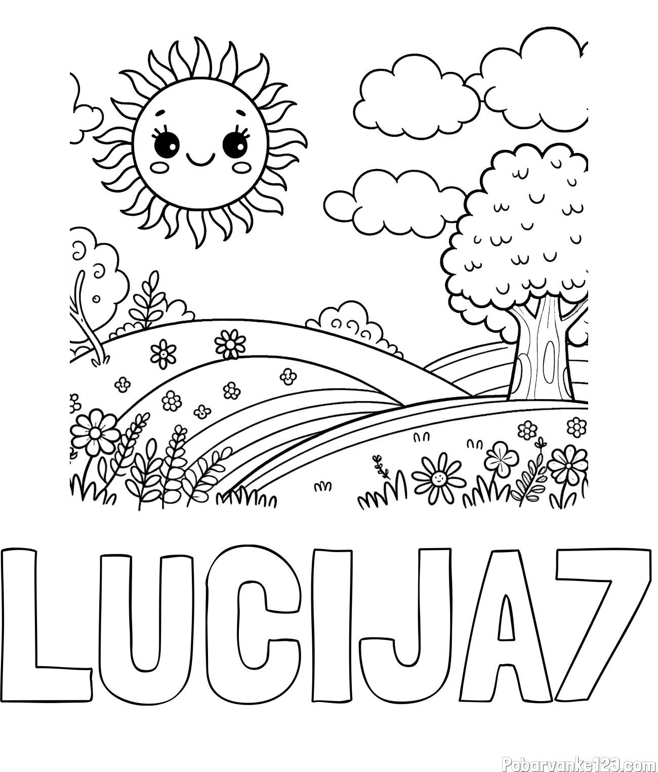 Pobarvanka imena LUCIJA7 in otroška pobarvanka narave